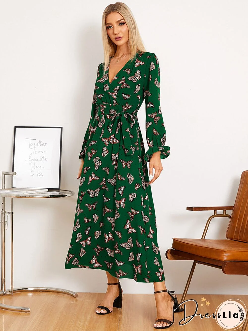 Butterfly Print Belt Long Sleeve V-neck Maxi Dress