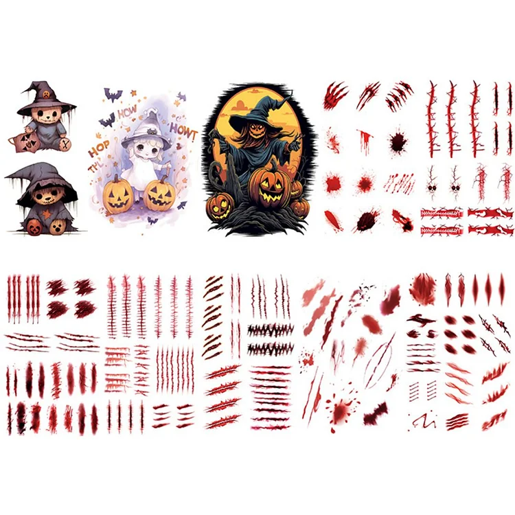 10 Sheets Zombie Witch Scar Halloween Temporary Tattoo Stickers