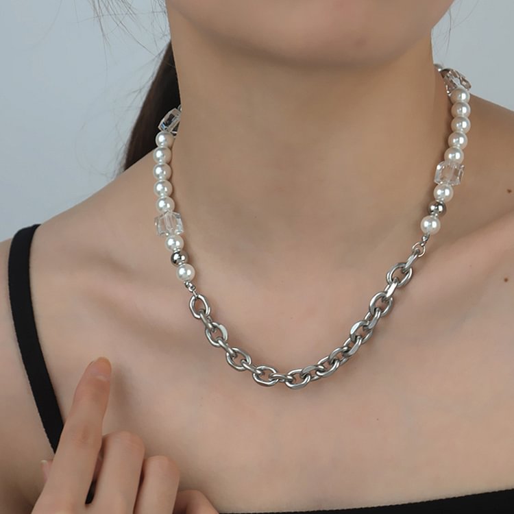 Pearl Glass Bead Titanium Steel Pendant Necklace - Modakawa Modakawa