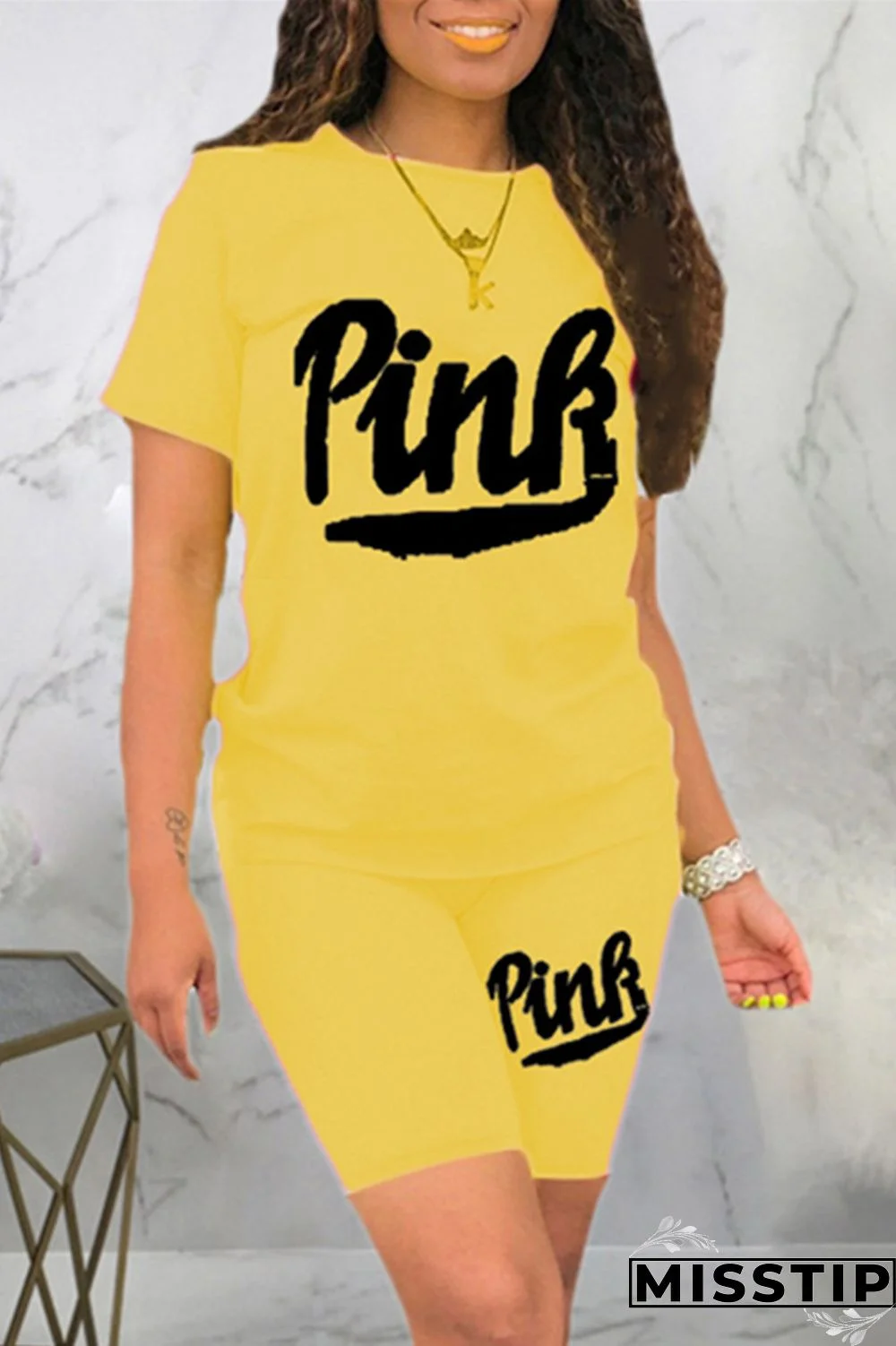 Yellow Fashion Casual Letter Print Basic O Neck Short Sleeve Two Pieces