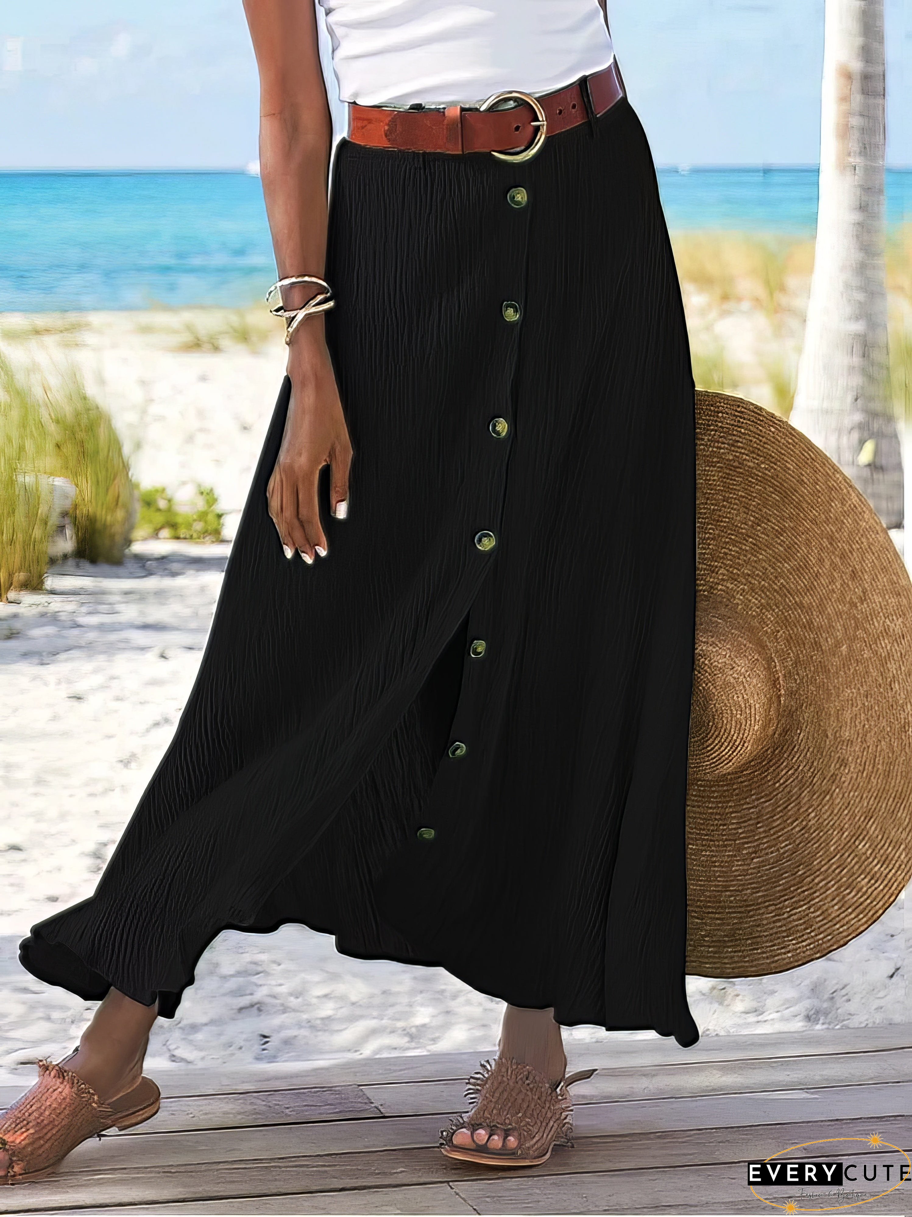 Buttoned Cotton and Linen High-Low A-Line Skirt