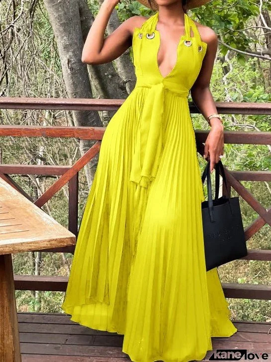Dresses Halterneck V-Neck Pleated Chiffon Dress for Women