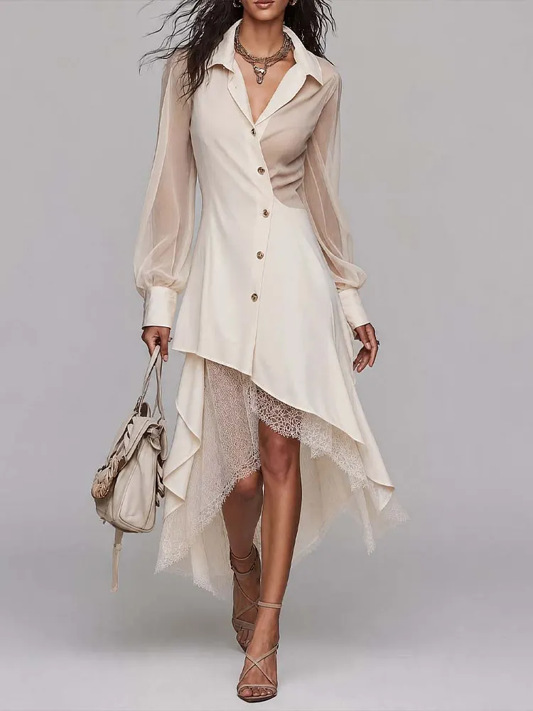 Elegant Lapel Collar Sheer Puff Sleeve Button Front Lace Layer Asymmetric Hem Midi Shirt Dress