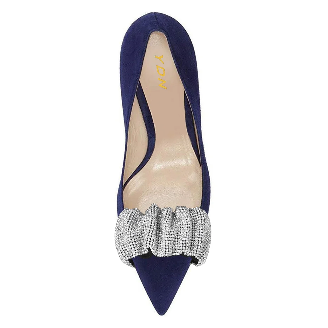 Navy Blue Pointed Toe Rhinestone Embellished Pumps with Kitten Heel