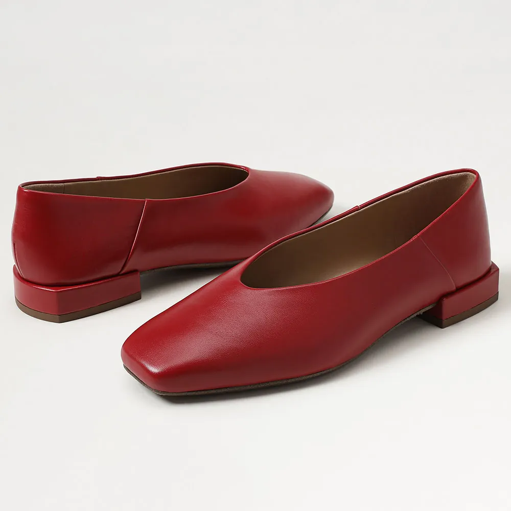 Red Vegan Leather Square Toe Slip-On Flat Shoes for Women