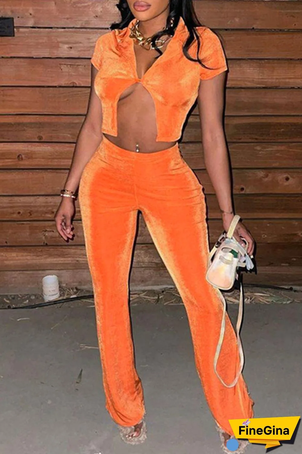 Orange Sexy Casual Solid Patchwork V Neck Short Sleeve Two Pieces