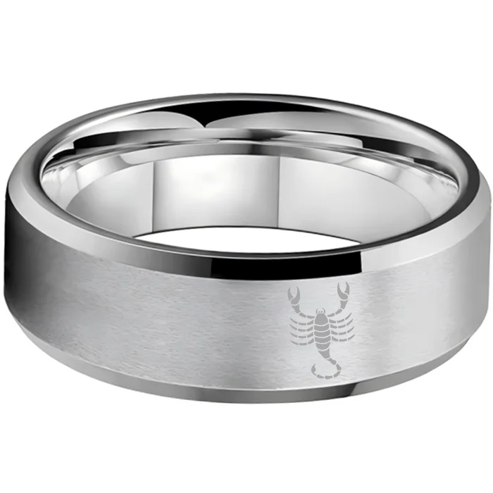 Beveled Edges Sliver Laser Etched Couple Tungsten Carbide Rings Sliver Scorpio Tungsten Wedding Band 4MM 6MM 8MM