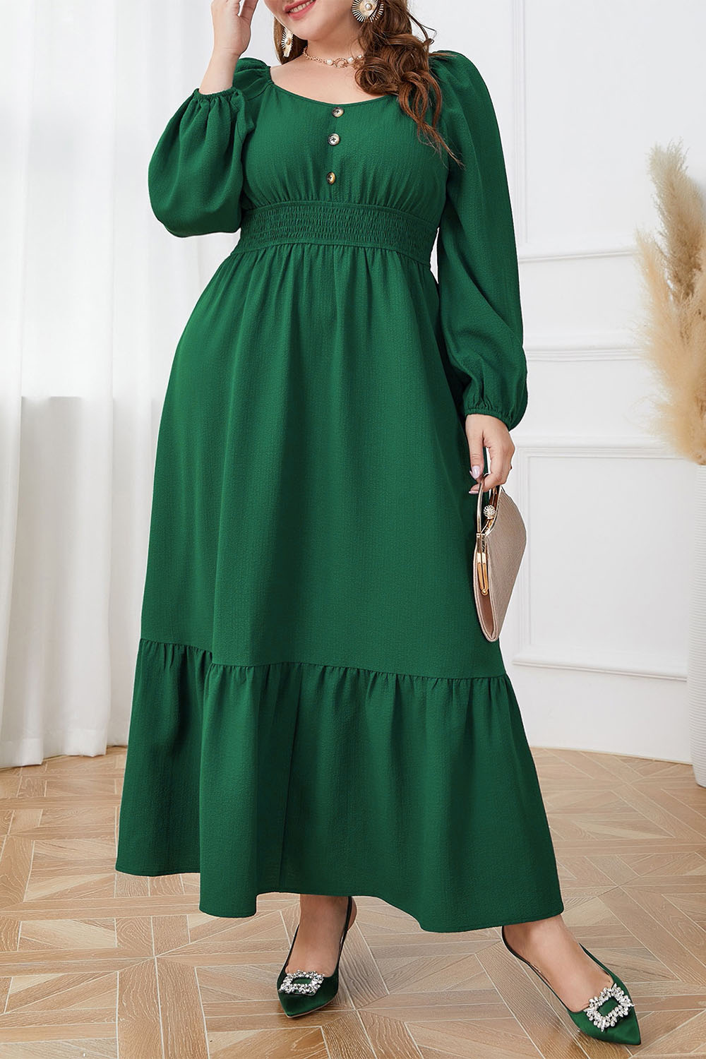 Plus Size Everyday Green Lantern Sleeve Button Empire Waist Maxi Dress 2024 - Flycurvy 