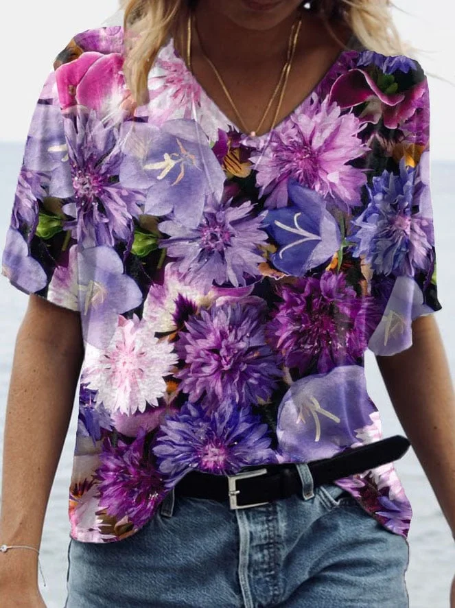 Women's Alzheimer‘s Floral Print V-Neck Tee
