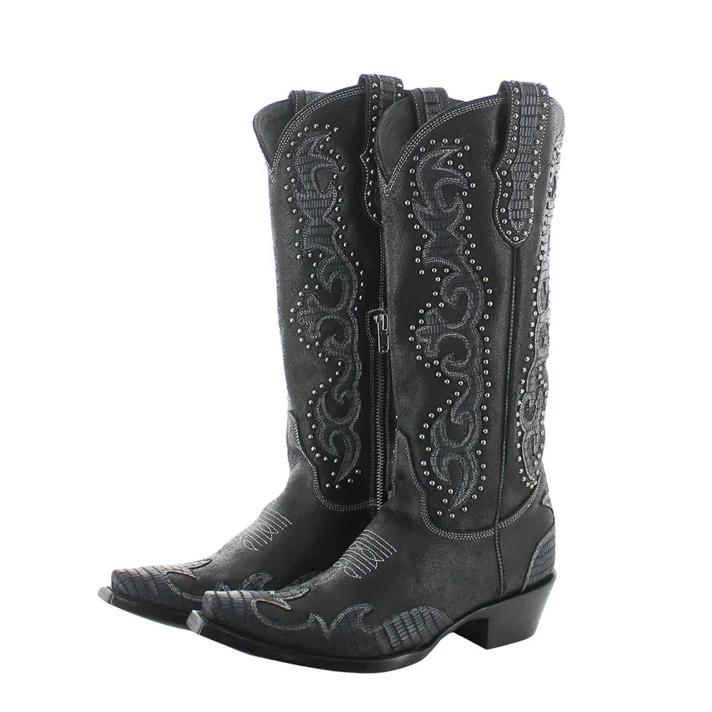 Snip Toe Studded Embroidered Black Western Boots for Women
