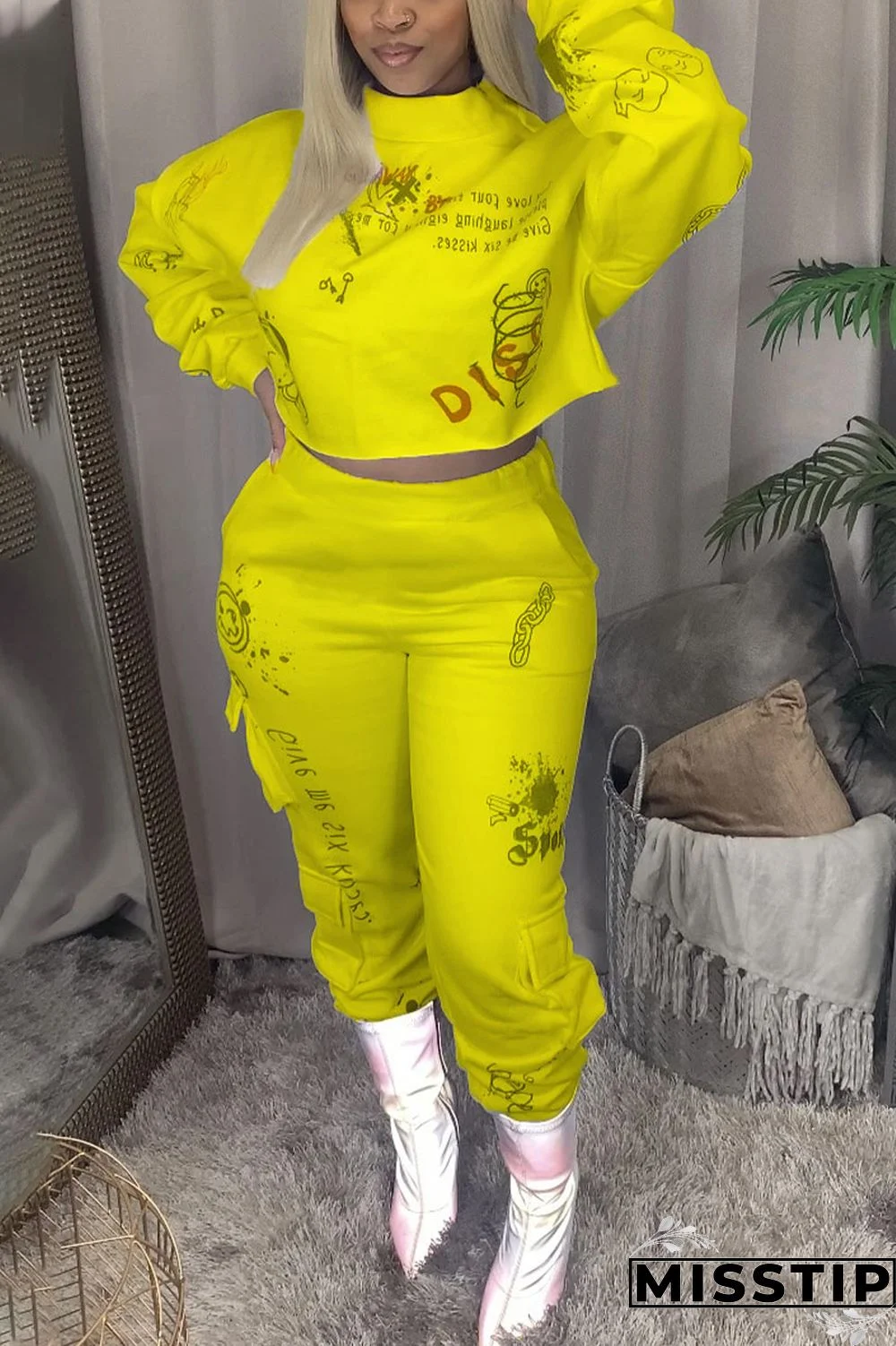 Yellow Casual Letter Print O Neck Long Sleeve Two Pieces