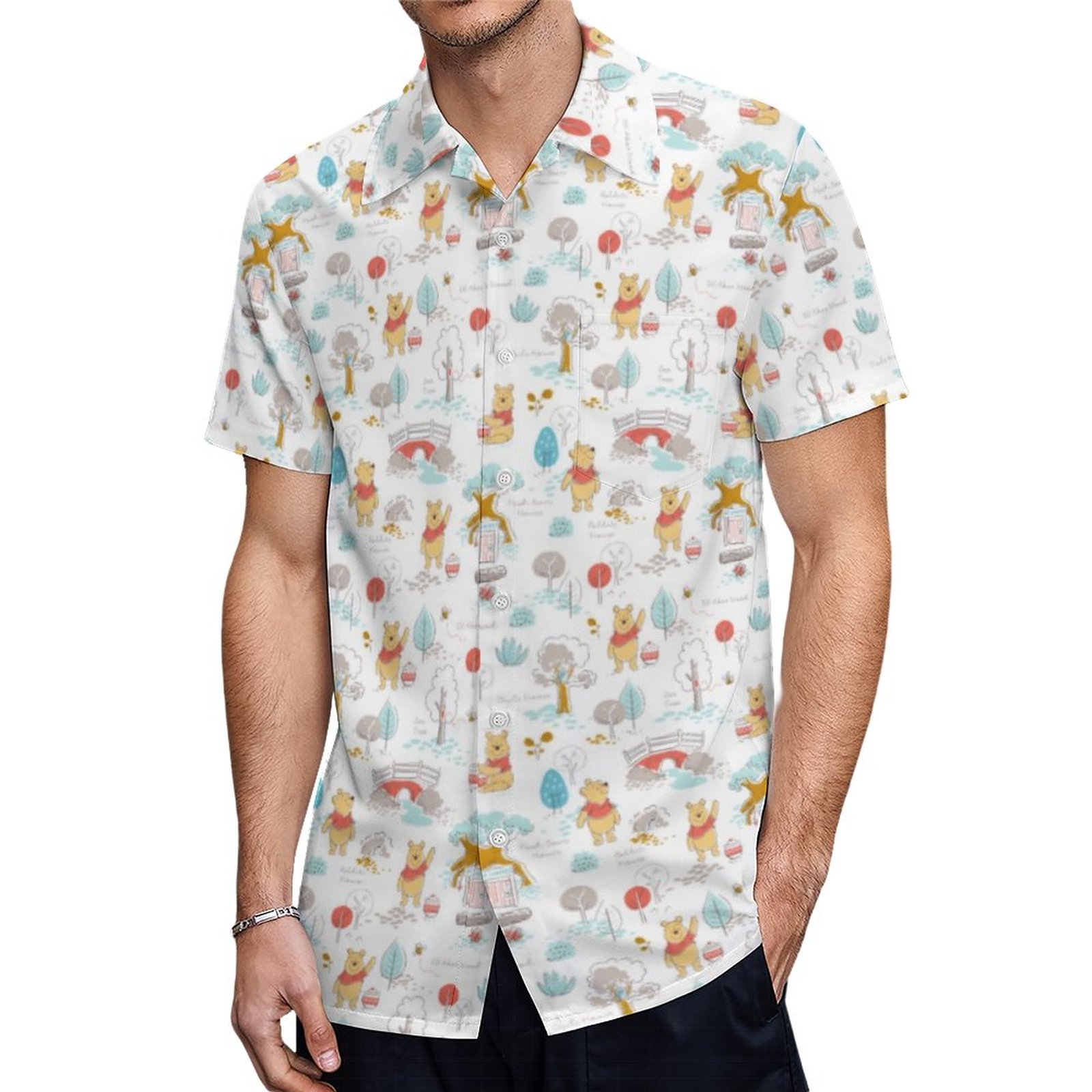 Cute Bear In The Hundred Acre Wood Hawaiian Shirt Mens Button Down Plus Size Tropical Hawaii Beach Shirts