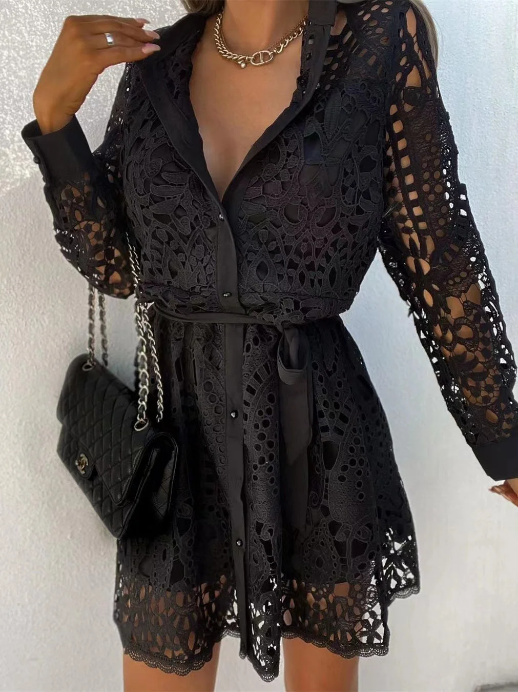 Women Long Sleeve V-neck Lace Stitching Mini Dress
