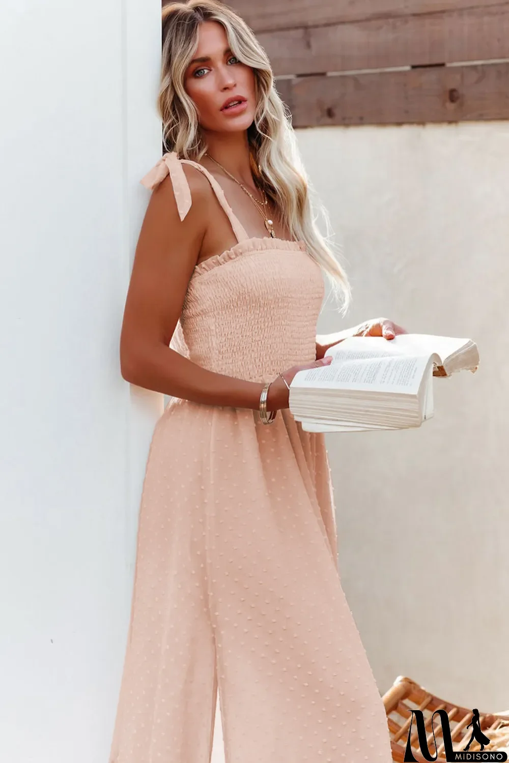 MidiSono - Beige Smocked Swiss Dot Maxi Dress