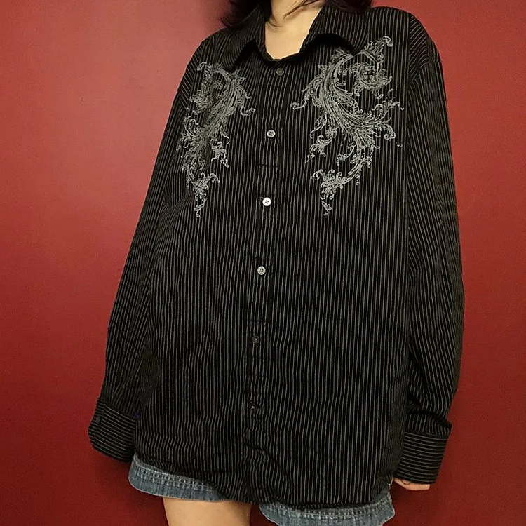 Grunge Printed Stripe Long Sleeve Black Shirt