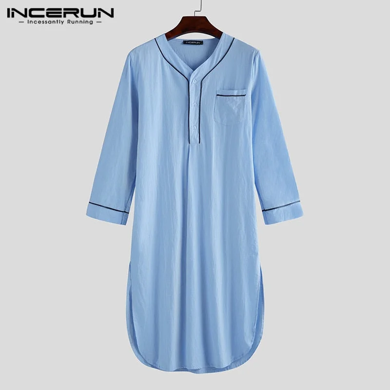 INCERUN Men Sleep Robes 2021 Long Sleeve V Neck Button Homewear Leisure Cozy Bathrobe High Quality Mens Nightgown Pajamas Dress