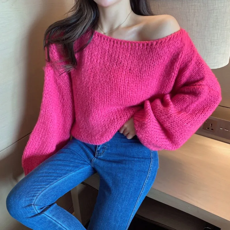 Zoki Thick Women Sweater Loose Cute Autumn Oversize Knitted Jumper Sexy Off Shoulder Sweet Long Sleeve Female Sweater Tops 2021