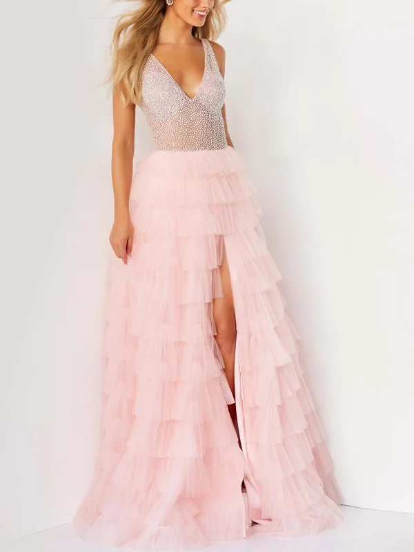 V-Neck Sequined Mesh Solid Color Maxi Dress