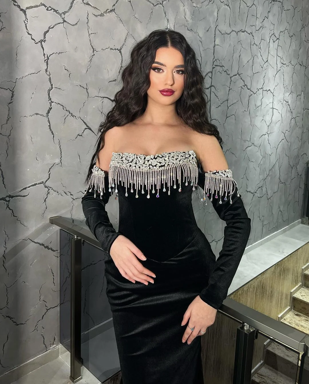 Lisliy Black Velvet Strapless Long Prom Dress With Sleeves Tassels Acrylic Beads