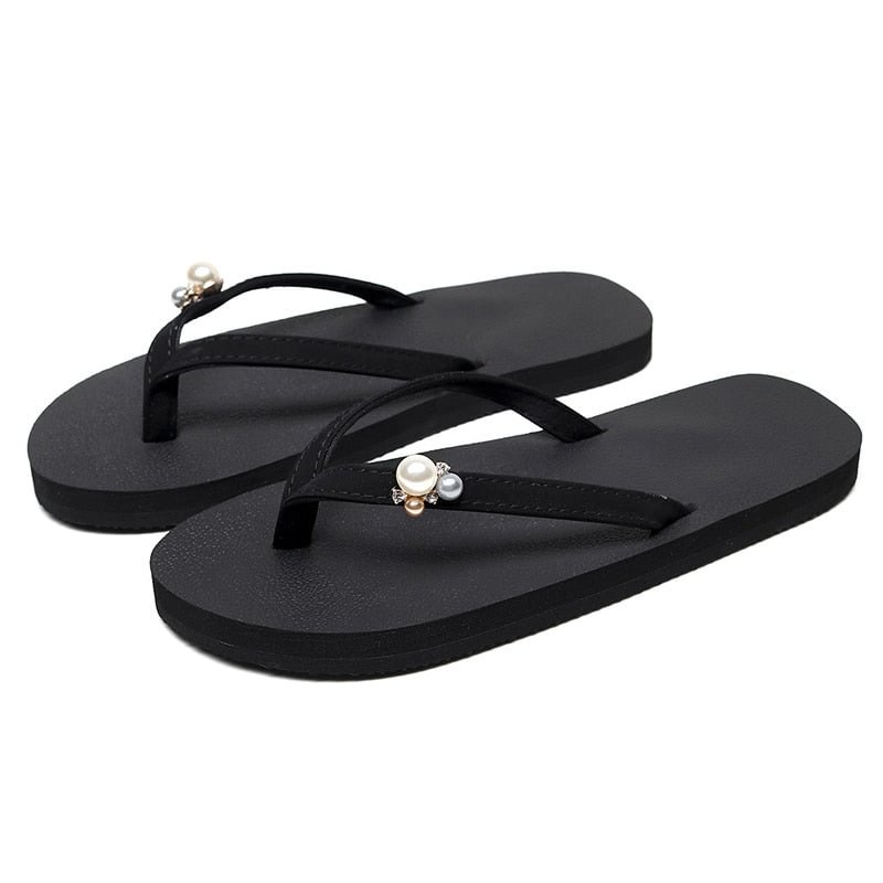 Slippers Pearl Flip Flops Women New All -match Beach Shoes Summer Non-slip Clip Foot Sandals Chaussures Plates Bathroom Slippers