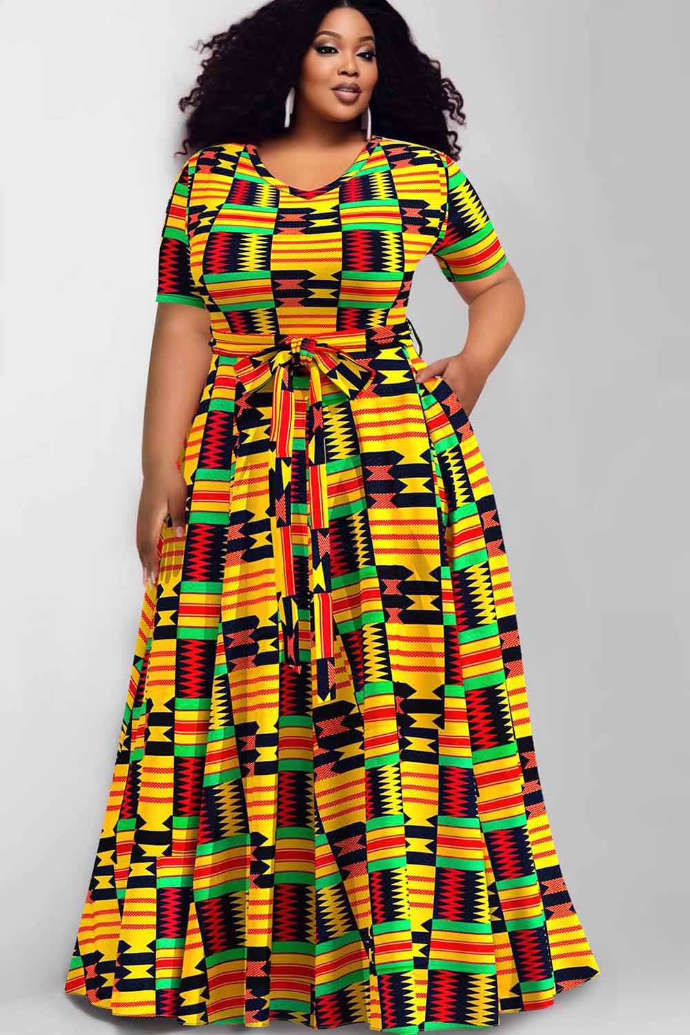 Design Plus Size Casual Yellow Ankara Round Neck Short Sleeve Wrap Pocket Maxi Dresses [Pre-Order]
