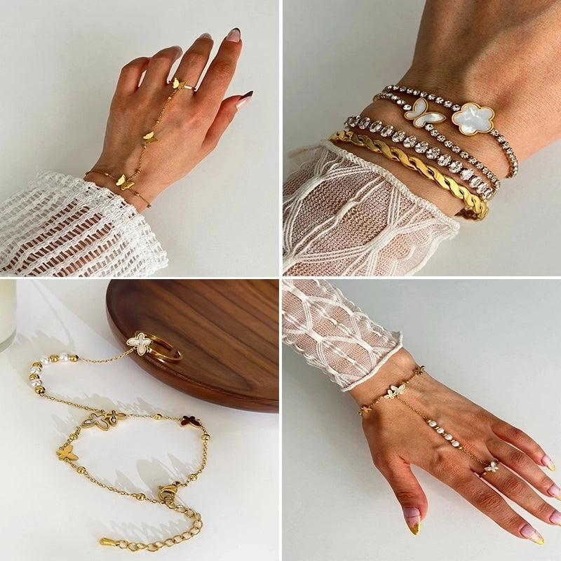 Sweet Minimalist Classic Style Butterfly 316L Stainless Steel  18K Gold Plated Imitation Pearl Rhinestones Shell Bracelets In Bulk