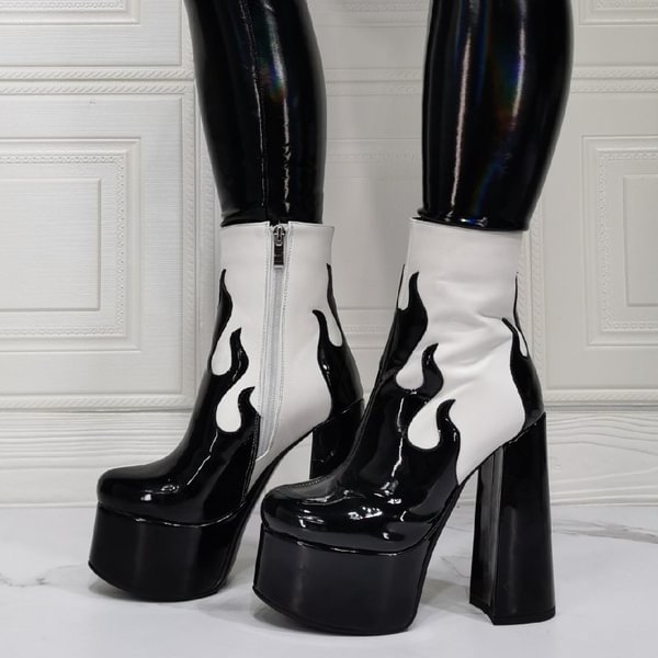 Dark flame Gothic wedge platform high heels, printed thick heel fashion short boots