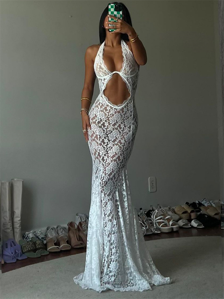  Hollow Out Lace Sexy Long Dress For Women See-Through Sleeveless Backless Fashion Printed Party Dress Summer Maxi Dress