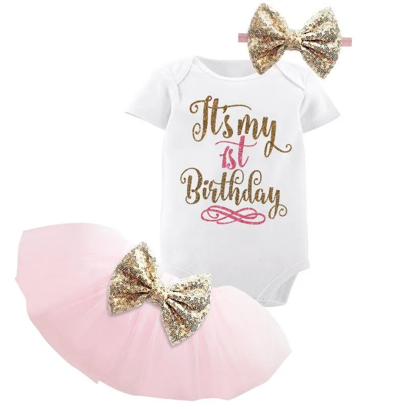 1st Birthday Outfits Baby Girl Clothes Fluffy Children Ballet Skirts with Headband Cotton Romper Infant Clothing Suits for Party