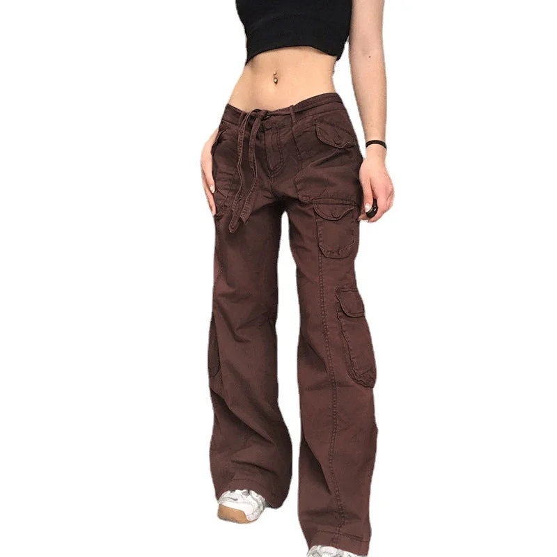 Uveng Women's Retro Workwear Resin Solid Color Pants Wide Leg Loose Straight Jeans