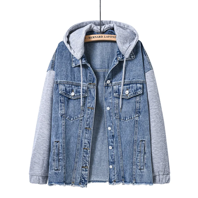 Women's Denim Jacket Splicing Long Sleeve with Adjusted Hoode Loose Casual Denim Jacket