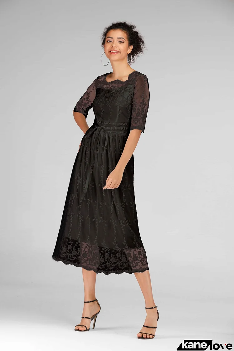 Scalloped Lace Half Sleeve Midi Dress