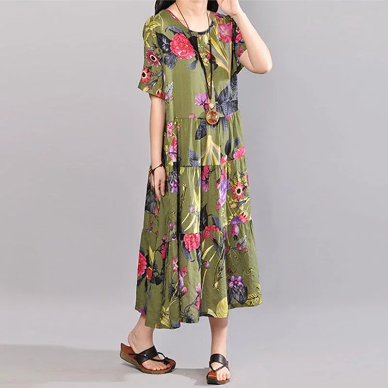 baggy cotton sundress plus size clothing Retro Printed Dresses Summer Short Sleeve Green Dress