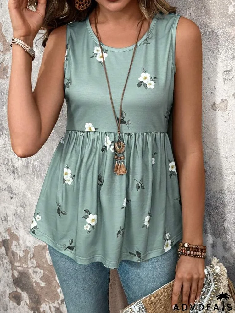 Plus Size Ditsy Floral Sleeveless Round Neck Vest For Summer
