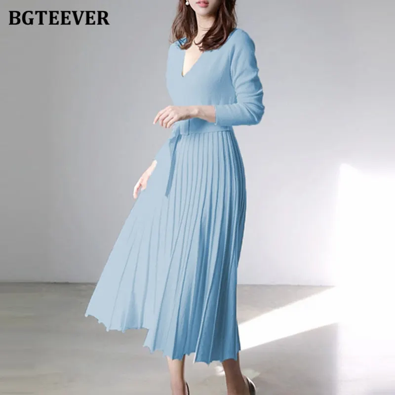 BGTEEVER Elegant V-neck Thick Warm Women Knitted Pleated Dress Long Sleeve Belted Sashes Ladies Sweater Dress 2020 Autumn Winter