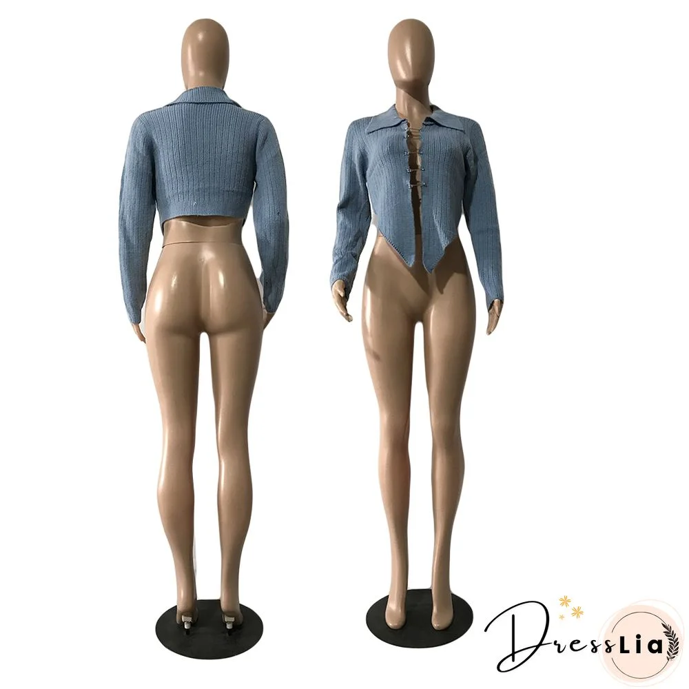 Ribbed Knitted Long Sleeve Pin Up Cardigan Crop Tops