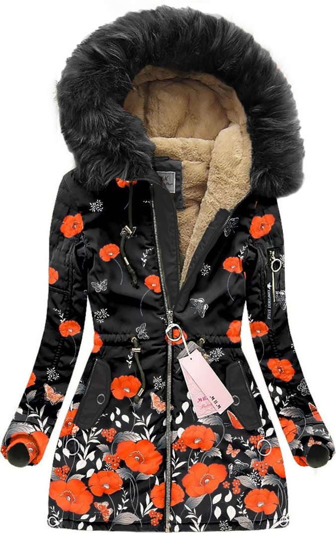 Floral-print fur-collar tie coat