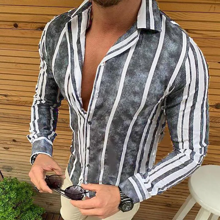 Men's Casual Long Sleeve Striped Long Sleeve Shirt 76450399L