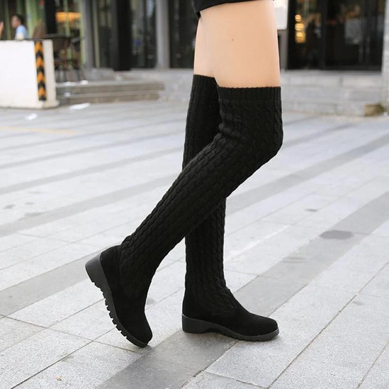 comemore Women's Boots 2021 Autumn Winter Thigh High Boots for Women Knitting Wool Long Boot Woman Brown Black Ladies Flat Shoes