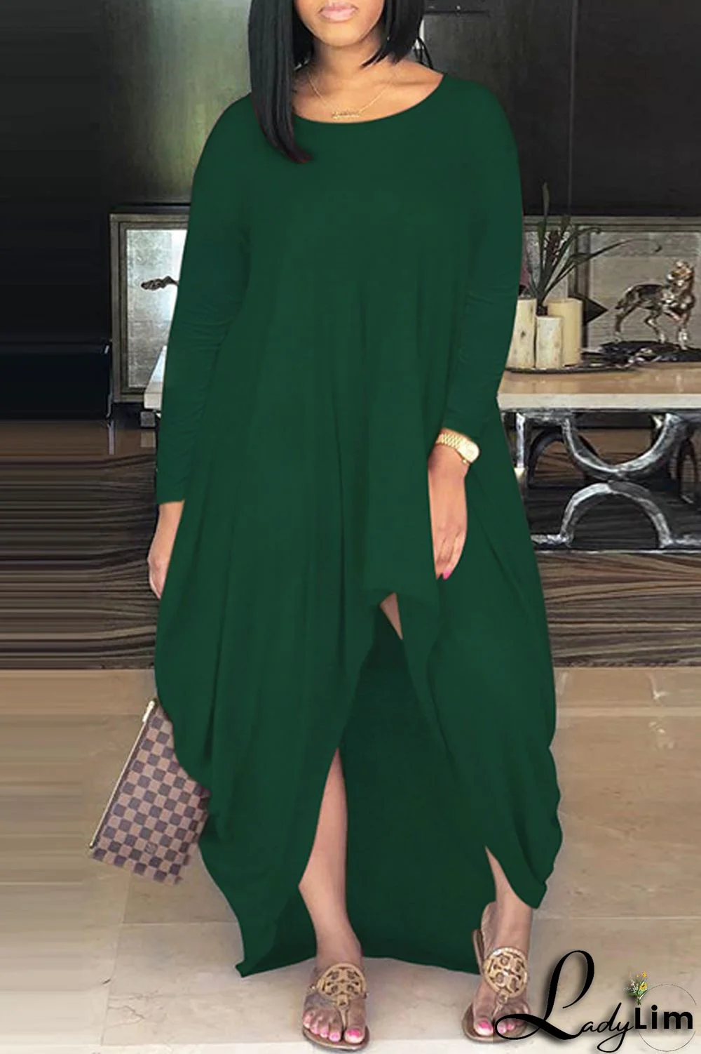 Green Fashion Casual Solid Asymmetrical O Neck Long Sleeve Dresses