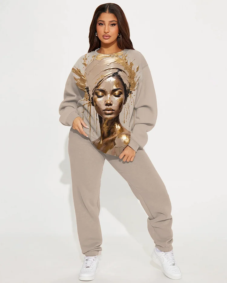 African Women Oil Painting Crew Neck Sweatshirt Two Pieces Set
