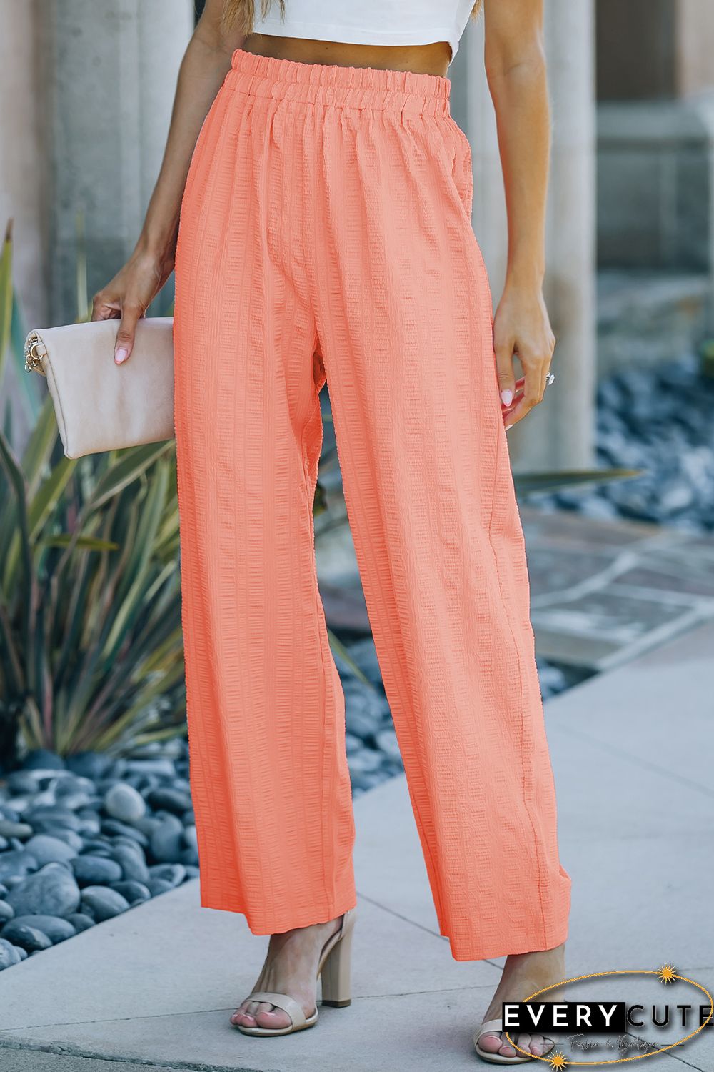 Pink Textured Straight Leg High Waist Casual Loose Pants