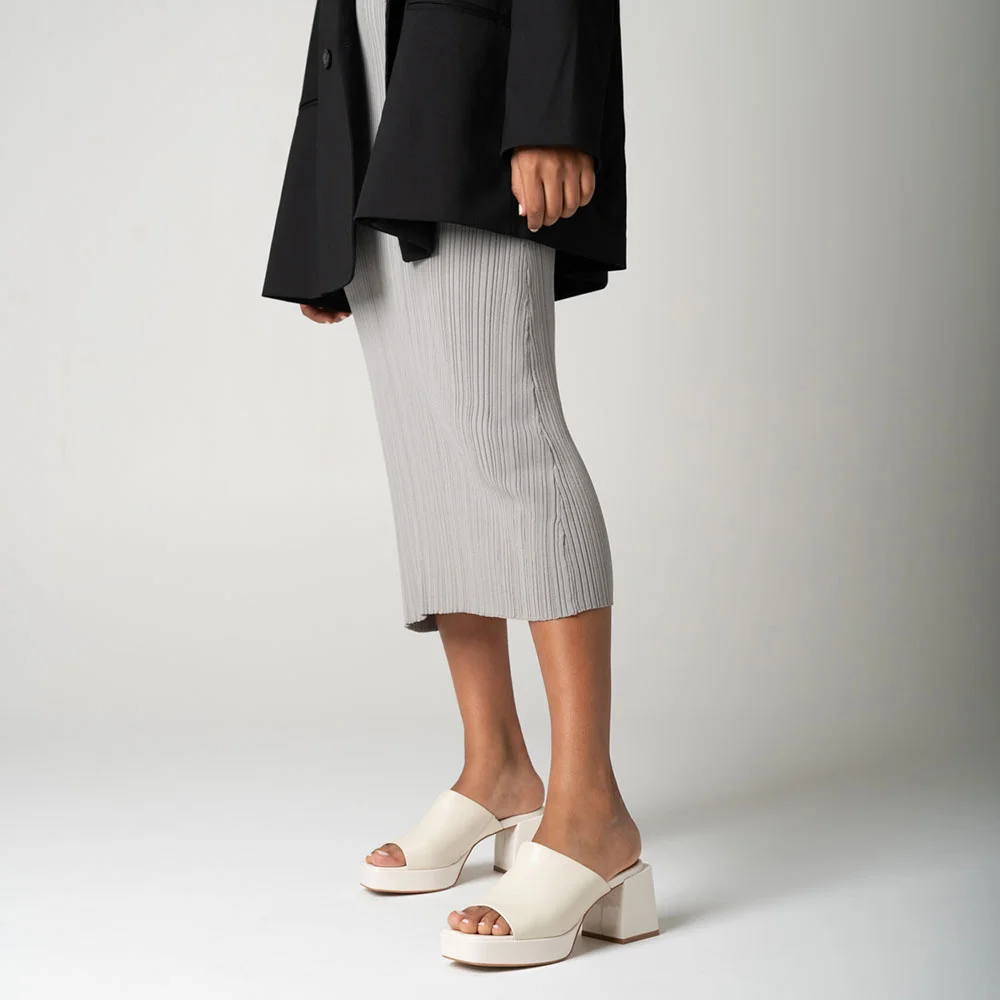 Ivory Open Square Toe Block Heel Simple Platform Slide Sandals