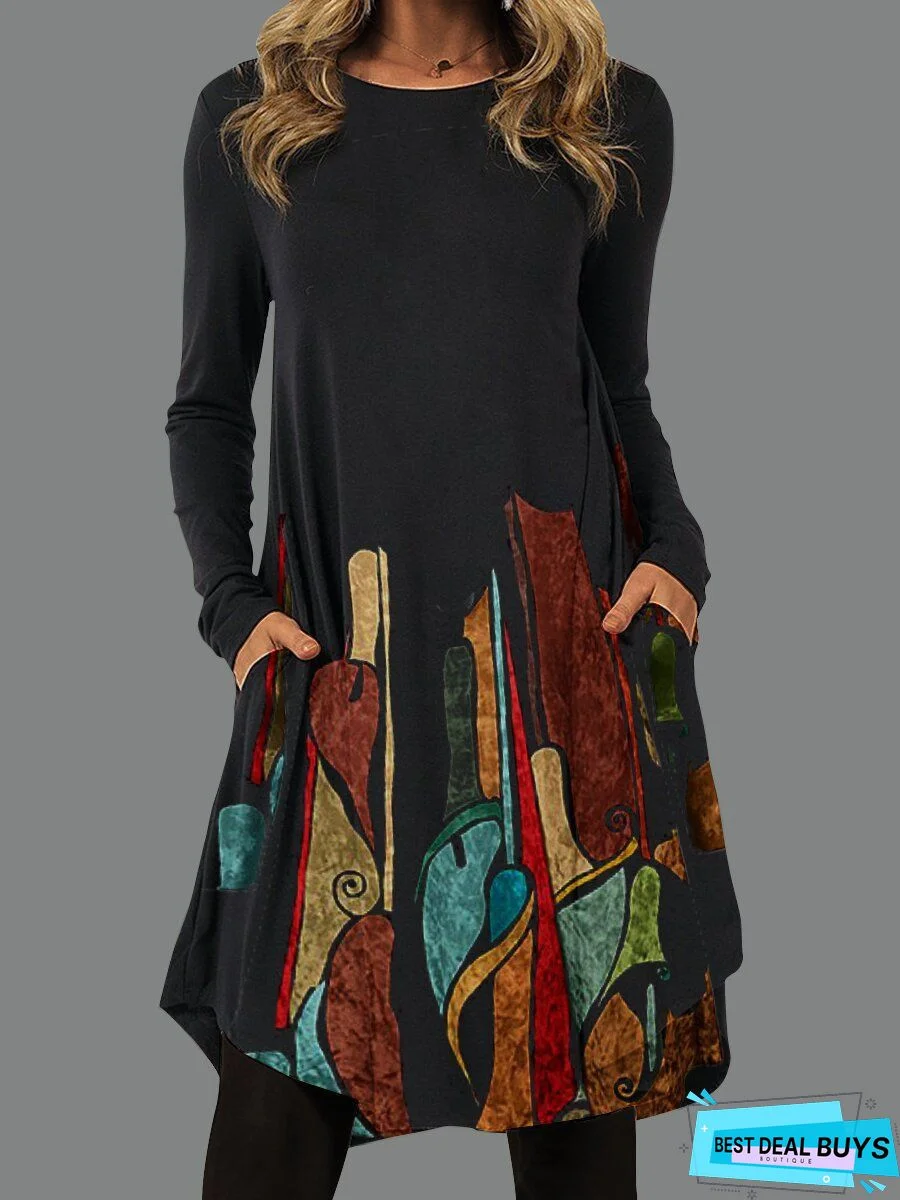 Women's T-shirt Geometric Long Sleeve Round Neck Tops Basic Top Blue Red Green-0207805