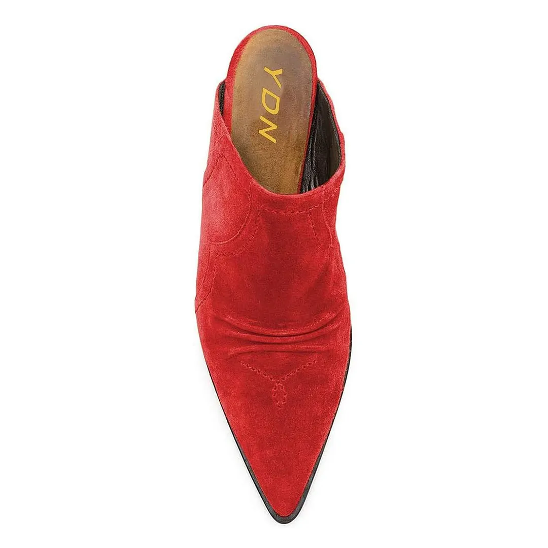 YDN Casual Red Vegan Suede Pointed Toe Mule Kitten Heels