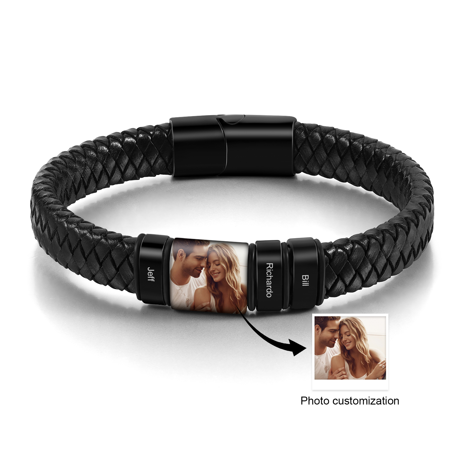 3 Names - Personalised Men's Leather Bracelet Custom Photo Braided Bracelet Gift for Him