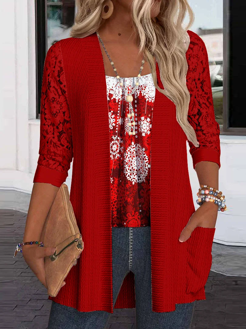 Women Long Sleeve Scoop Neck Snowflake Printed Printed Graphic Pockets Lace Two-Pieced Tops