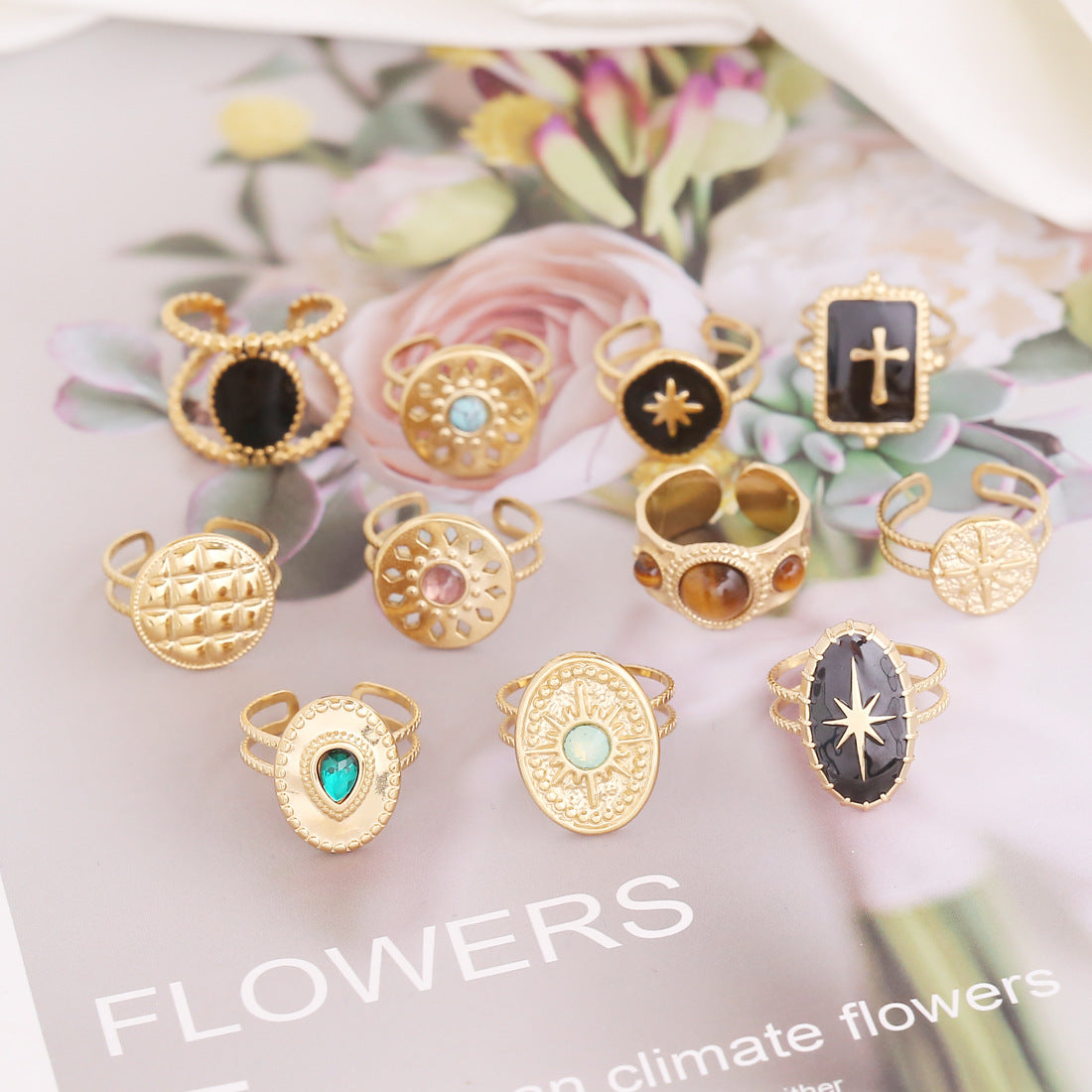 Women Retro Vintage Heart Cross Flower Stainless Steel Oil Dripping Rings