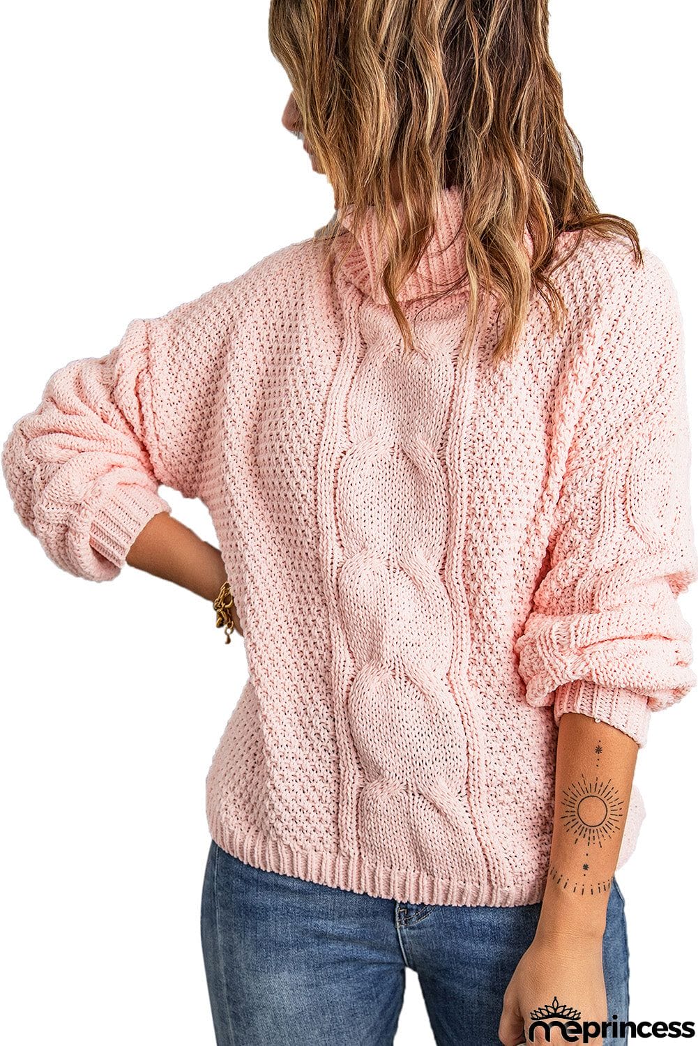 Pink Turtleneck Cable Knit Sweater