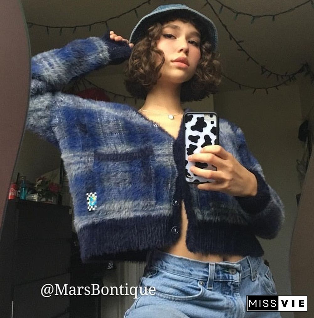 Vintage Mohair Sweater Women Knitted Cardigans Harajuku Lazy Style Ladies V-Neck Button Fuzzy Plaid Cardigan Fluffy Knitwear Top